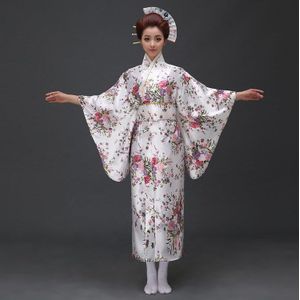 Blauw Traditionele Vrouwen Zijde Satijn Kimono Yukata Met Obi Prestaties Dans Jurk Japanse Cosplay Kostuum Bloem One Size 715-17