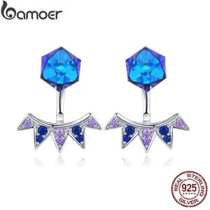 BAMOER Authentieke 925 Sterling Silver Blue Vierkante Geometrische Prachtige Stud Oorbellen Vrouwen Vintage Zilveren Sieraden SCE544