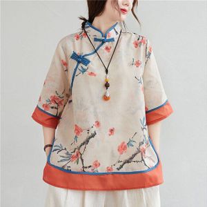 Lente Vrouwen Chinese Traditionele Stijl Tops Katoen Linnen Losse Blouses Cheongsam Vrouwelijke Vintage Gesp Hanfu Shirts Tang Past