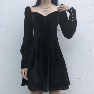 Zwarte Gothic Lolita Vierkante Kraag Mini Jurk Vrouwen Vintage Lange Mouwen A-lijn Jurken Herfst Lente Femme Vestidos