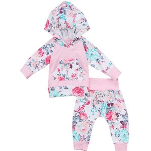 Pasgeboren Baby Meisjes Sport Bloemen Kleding Tops T-shirts Met Lange Mouwen Outfits Bloem Broek Casual Hooded Baby Meisje Kleding