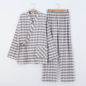 Mannen Nachtkleding Kimono garen Raster met Puur Katoen Flanel Pyjama Slijpen Pluche Doek Pyjama Set Heren Leisure Nachtkleding