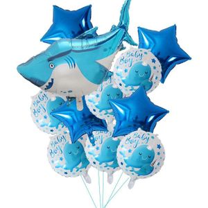 11Pcs Grote Blauwe Haai Ballonnen Jongen Dier Thema Verjaardagsfeestje Decoratie Oceaan Ballon Baby Shower Octopus Shell Opblaasbare Bal