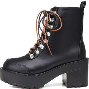 Gdgydh Mode Europese Stijl Zwarte Enkellaarsjes Blok Hak Ronde Neus Zwarte Lace-Up Vrouw Platform Schoenen Motorfiets boot Fall