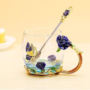 Rood Blauw Rose Emaille Crystal Tea Cup Mok Vlinder Rose Geschilderde Bloem Water Cups Helder Glas Met Lepel Set perfect
