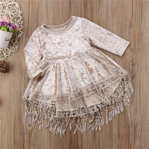 Baby Meisje Vintage Prinses Jurk Kids Fluwelen Kant Kwastje Patchwork Jurken Casual Baby Lange Mouwen Jurken Asymmetrische Vestidos