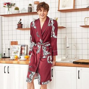 Mannen Satijn Kimono Zomer Zijde Badjas Rood Tijger Knielengte Lange Mouwen Badjas Donkergroen Kamerjas voor Mannelijke nachtkleding