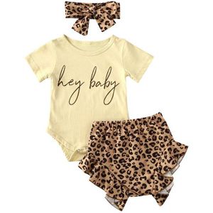 Baby Baby Meisje Korte Mouw Top Romper + Luipaard Shorts Hoofdband Outfit Sunsuit Zomer Casual Meisje Kleding Set