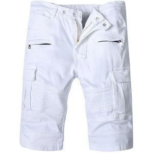 Aboorun Mannen Wit Biker Denim Shorts Grote Zakken Geplooide Jeans Shorts Zomer Shorts Voor Mannelijke X1074