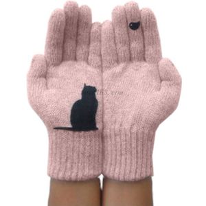 Womens Winter Faux Wol Dikke Warme Gebreide Handschoenen Grappig Creatieve Cartoon Kat Vogel Onregelmatige Patchwork Palm Outdoor Wanten