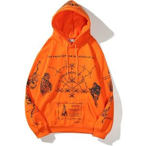 Oranje Borduurwerk Trui Hoodies Streetwear Zwart Graffiti Skull Print Capuchon En Sweater Man Hip Hop Urban Kleding