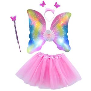 4Pcs Meisjes Led Fairy Kostuum Set Tule Tutu Rok Dubbele Laag Vlinder Vleugels Toverstaf Hoofdband Prinses Prestaties Stadium Up