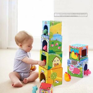 12Pcs Stapelen Cubes Sets 6 Kartonnen Huizen & 6 PVC Animal Kids Baby Stapelen Blokken Voorschoolse Vroege Educatief Speelgoed