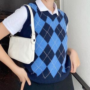 Argyle Plaid Gebreide Trui Vest Vrouwelijke Engeland Preppy Stijl Y2K Kleding V-hals Casual 90S Truien Herfst Winter