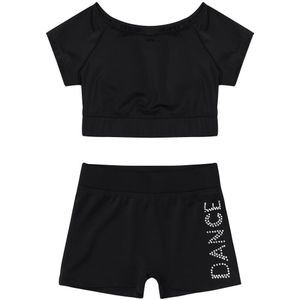 TiaoBug Meisjes Zwarte Korte Mouw Tankini Crop Top Shorts Set Kind Ballet Dans Sport Workout Gymnastiek Suits Kinderen Dans Slijtage