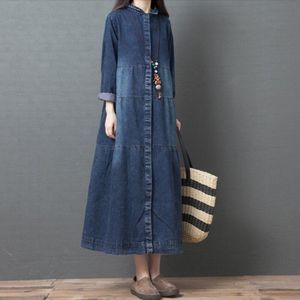 Vintage Vrouwen Denim Blauwe Lange Jurk Lente Revers Hals Lange Mouwen Maxi Zonnejurk Vrouwelijke Effen Werk Vestido Kaftan Jurken 11550