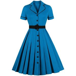 Tonval Blauw Notched Kraag Belted Hoge Taille Vintage Jurk Vrouwen Single-Breasted Geplooide Pinup Dames Jurken