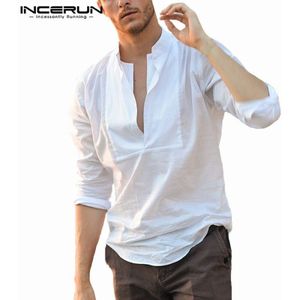 Incerun Casual Shirt Mannen Lange Mouwen V-hals Effen Kleur Slim Fit Mode Mannelijk Overhemd Streetwear Blouse Tops Camisa plus Size