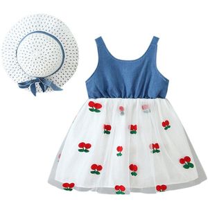Baby Meisje Kleding Jurk Mouwloos Denim Splicing Gaas Print Bow Jurk + Hat Outfit Set Kinderkleding Meisjes Abbigliamento Bambino