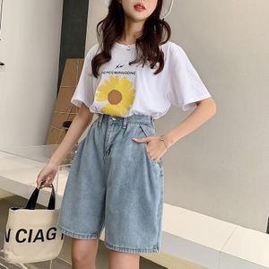 Ftlzz Vrouw Wide Benen Hoge Taille Blauwe Knie-Lengte Denim Shorts Casual Vrouwelijke Losse Fit Jeans Vintage Dames bermuda