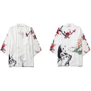 Gonthwid Panda Pruimenbloesem Print Mens Casual Kimono Japanse Bloemen Gedrukt Kimono Vest Shirts Jassen Streetwear Jassen