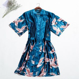 Mannen Gewaden Kleding Zomer Chinese Zijde/Satijn Crane Print Kimono Lange Robe Gown Nightrobe Badjas Slaap Night thuis Slijtage