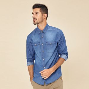 Kuegou Herfst 100% Katoen Denim Blauw Casual Shirt Mannen Voor Mannelijke Ongebruikelijke Kraag Knop Lange Mouwen Oversize Kleding 20512