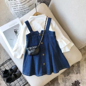 Boutique Peuter Kids Baby Meisjes Flare Lange Mouwen Wit T-shirt Tops + Denim Band Jurk 2 Stuks Outfits set 3-8Y