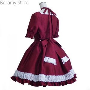 Wijn Rood Dagelijkse Gothic Lolita Vierkante Hals Lace Up Bubble Mouw Korte Mouw Kanten Jurk