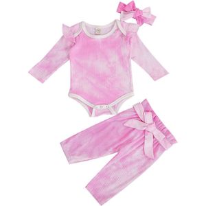 0-24M Pasgeboren Baby Meisjes Kleding Lange Mouw Tie Dye Geribbelde Outfit Bodysuit + Broek + Hoofdband 3 stuks
