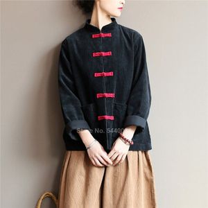 Herfst Winter Corduroy Jas Voor Vrouwen Traditionele Chinese Kostuums Retro Vintage Shirt Blouse Effen Kleur Tang Pak Hanfu