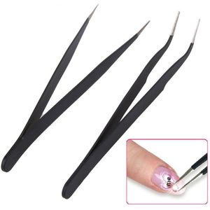 2 Pcs Roestvrij Staal Elleboog Antistatische Nail Pincet Nail Strass Paillette Nipper Manicure Decoraties Picking Pincet Clip