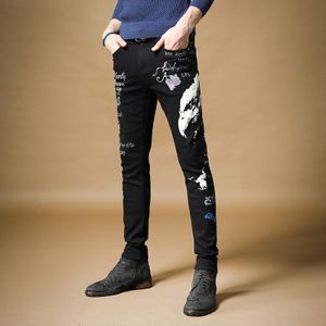 Mannen Mannelijke Denim Jeans Slanke Straat Zwart Trend Hip Hop Persoonlijkheid Graffiti Print Zwart Denim broek