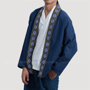 Chinese Stijl Mannen Linnen Tang Pak Hanfu Gewaden Japanse Kimono Mode Retro Borduren Jassen Streetwear Casual Gown Vest