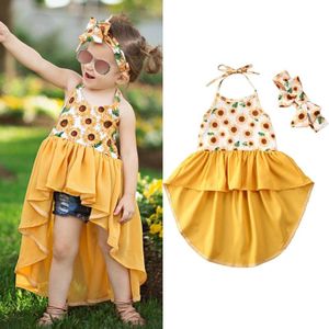 1-6Y Zomer Pasgeboren Baby Meisjes Tops Jurk + Hoofdband 2 Stuks Zonnebloemen Print Mouwloze Riem Ruches Outfits