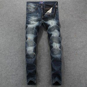 Streetwear Mannen Jeans Retro Wassen Vernietigd Verf Ripped Jeans Mannen Hip Hop Broek Slim Fit Elastische Gedrukt Jeans