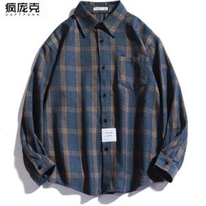 Losse Koreaanse Plaid Mannen Shirt Button Solid Blue Casual Shirt Mannen Met Lange Mouwen Camisa Xadrez Retro Heren Kleding Lente BB60NCS