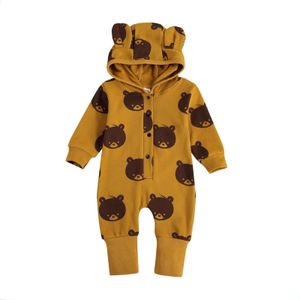 Focusnorm Pasgeboren Baby Meisjes Jongens Romper Cartoon Print 3D Oor Hooded Lange Mouwen Single Breasted Bruin Jumpsuits 0-24M