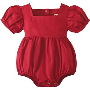 Zomer Baby Meisjes Casual Romper, Effen Kleur Vierkante Kraag Korte Puff Mouwen Jumpsuit, roze/Donker Rood/Beige