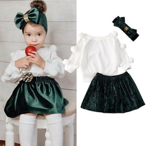 Peuter Kids Baby Meisjes Kleding Sets 1-6Y Pompom Outfits Ballen Lange Mouw Trui Tops Fluwelen Rokken Hoofdband