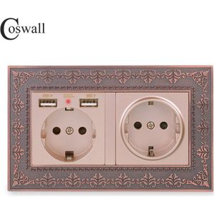 COSWALL Dubbele Rusland Spanje EU Standaard Stopcontact Met 2 USB Charge Port Verborgen Zachte LED Indicator Vintage Zinklegering frame