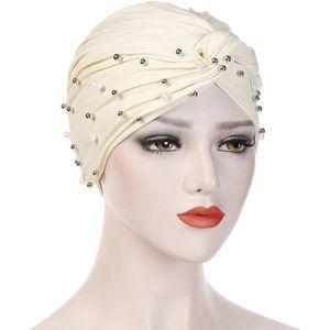 Vrouwen Moslim Hijab Kralen Hoofd Wrap Cover Sjaal Indian Chemo Cap Elastische Tulband Hoed Casual Effen Kleur Beanie Vrouwelijke Zijde motorkap