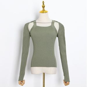 Twotwinstyle Patchwork Trui Voor Vrouwen Vierkante Kraag Lange Mouw Slanke Minimalistische Zwart Tops Vrouwelijke Fall Tij