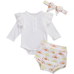 Focusnorm 0-18M Pasgeboren Baby Meisjes Jongens Kleding Sets Herfst Lange Mouwen Ruches Wit Romper Rainbow Print Shorts hoofdband