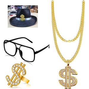 Halloween Cosplay Kostuums Hip Hop Kostuum Magische Hoed Bril Gouden Ketting Ring 80S/90S Rapper Accessoires Dollar teken Set