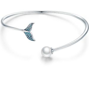 BISAER 925 Sterling Silver Blue CZ Mermaid Fishtail en Parel Armband voor Meisje Mode-sieraden Mode GXB123