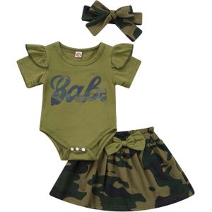 Baby Baby Meisjes Zomer Jumpsuit Set Brief Print Ruches Korte Mouwen Rompertjes En Camouflage Rok Met Hoofdband