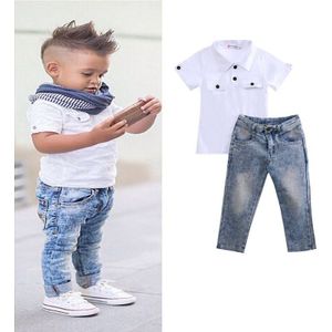 Citgeett 2 Stuks Peuter Kids Baby Boy Witte Baby T-shirt Top + Jeans Denim Broek Kleding Outfit Zomer Mode set Ss