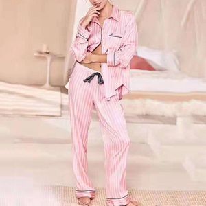 Zijde Pijamas Vrouwen Gestreepte Lange Mouwen Nachtkleding Satijnen Pyjama Pjs Loungewear Twee Piees Zomer Night Pak Thuis Kleding