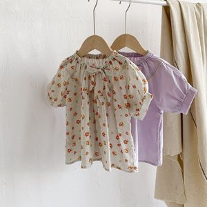 Baby Meisjes Koreaanse Mode Eenvoud Blouses Leuke Zomer Kinderen Kant Bloemen Shirts Bladerdeeg Mouw Peuter Sweet Strik Kleding